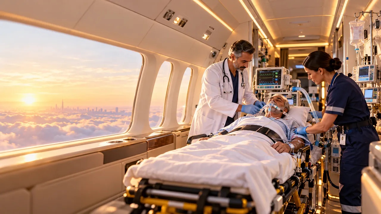 Critical care medical team treating and monitoring a patient inside an air ambulance aircraft.