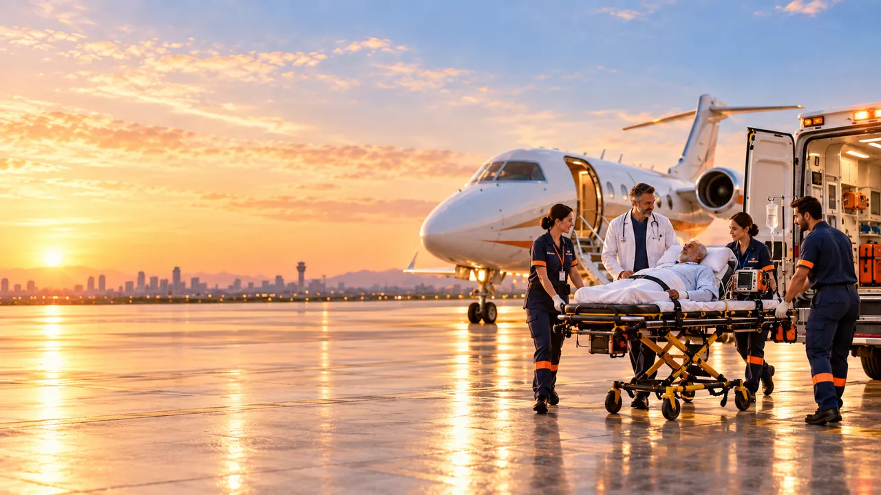 Critical care transport team moving a stretcher patient between an ambulance and medical aircraft.