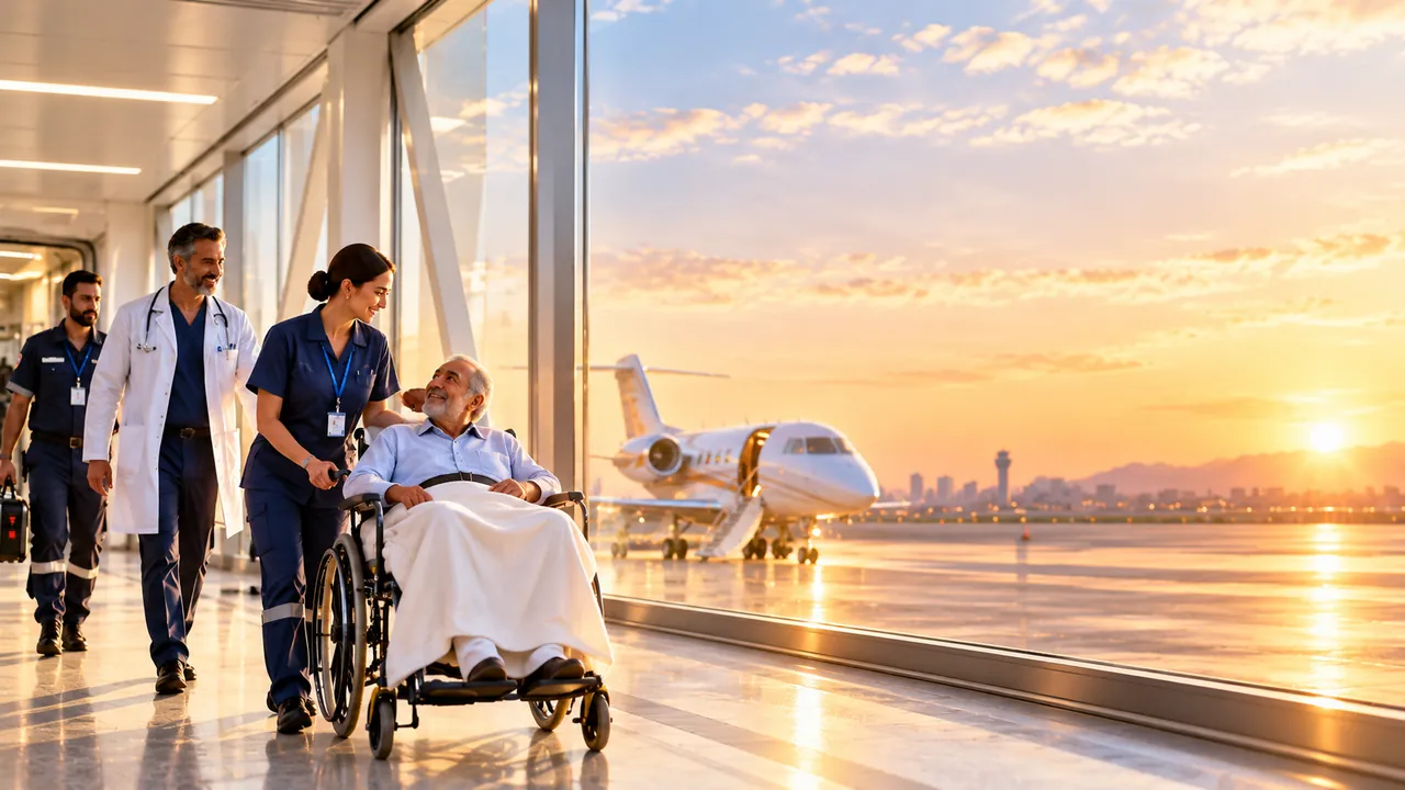 Healthcare professional assisting an older wheelchair passenger through an airport terminal.