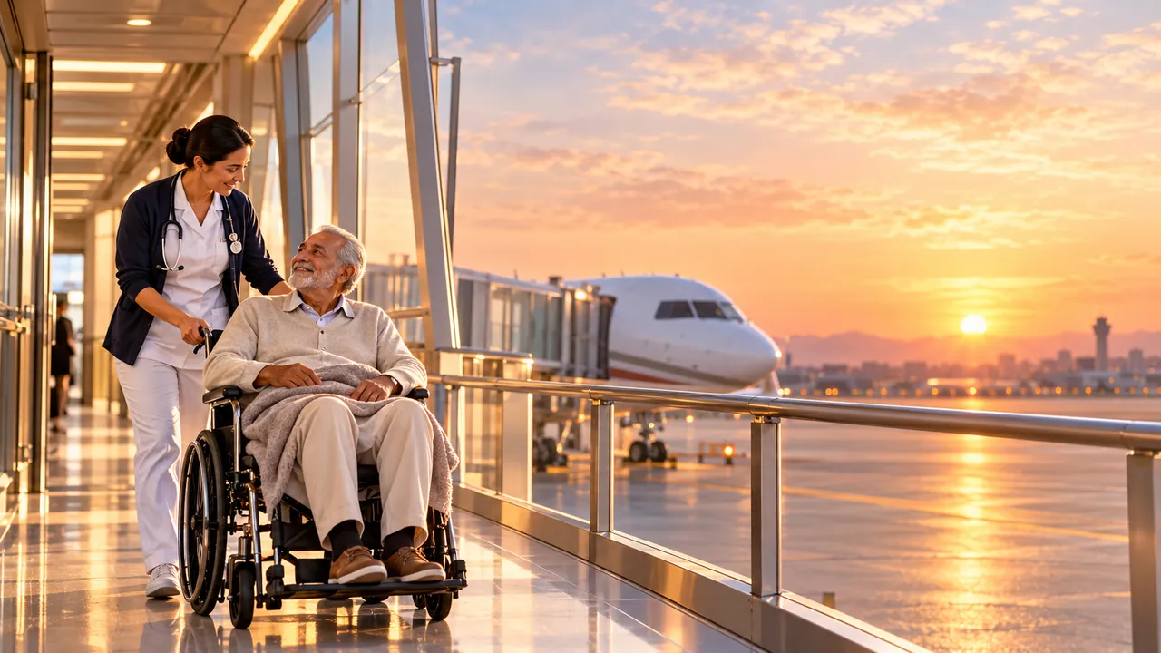 Medical escort assisting a wheelchair patient through an airport terminal before a commercial flight.