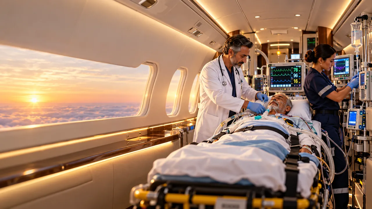 Critical care doctor and nurse monitoring a patient with medical equipment inside an air ambulance aircraft.