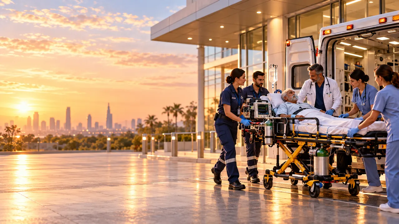 Ground ambulance team moving a patient on a stretcher at a hospital entrance.