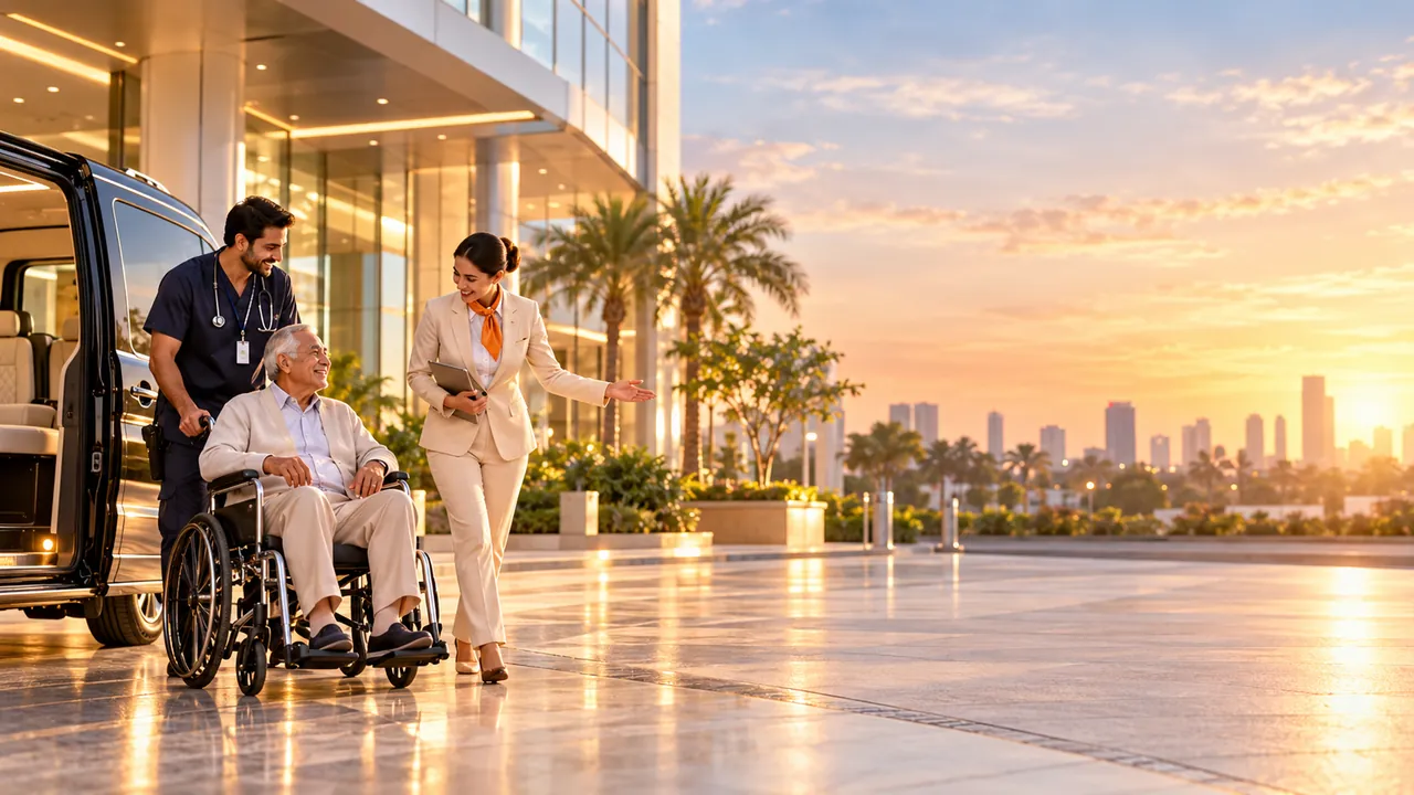 Medical team assisting a wheelchair patient from a vehicle during a hospital-to-hotel transfer.