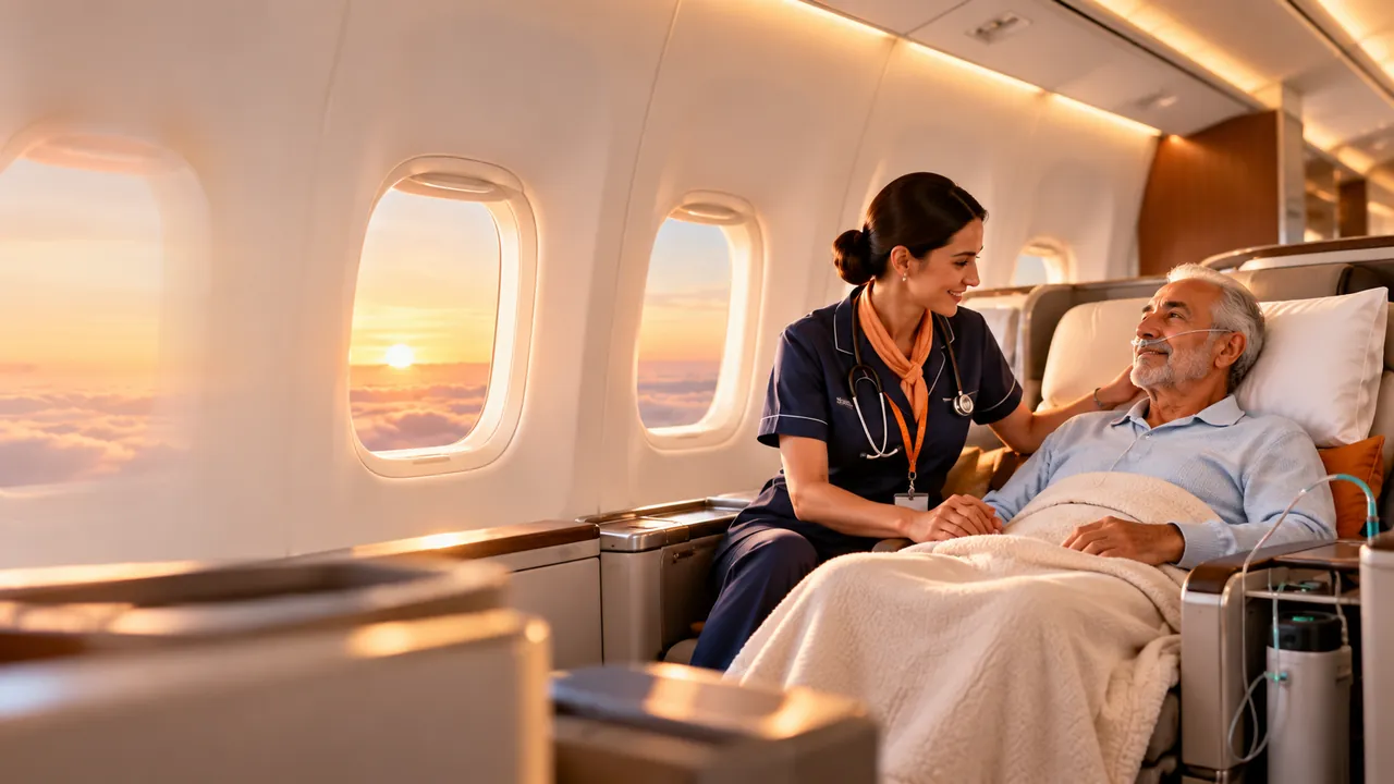 Medical escort nurse caring for an older patient during a commercial flight.