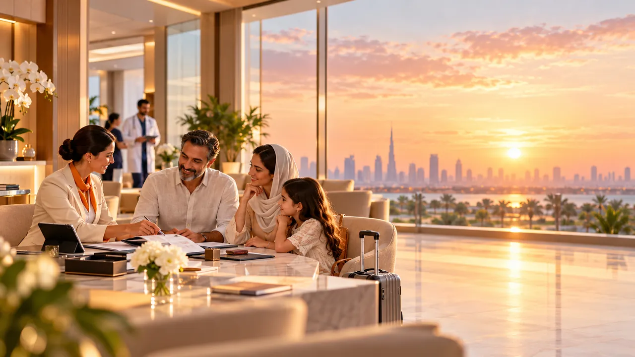 Medical concierge reviewing travel and care arrangements with an international patient family.
