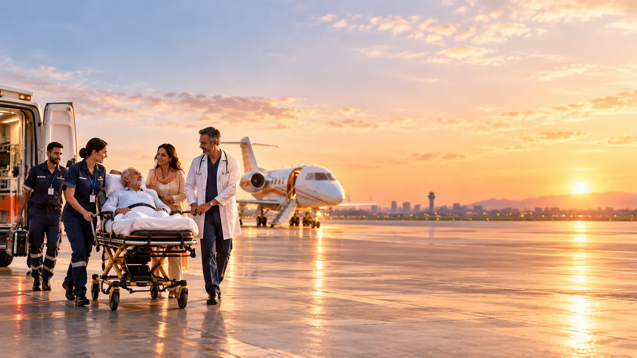 Medical team transferring a patient on a stretcher between an ambulance and medical aircraft at the airport.