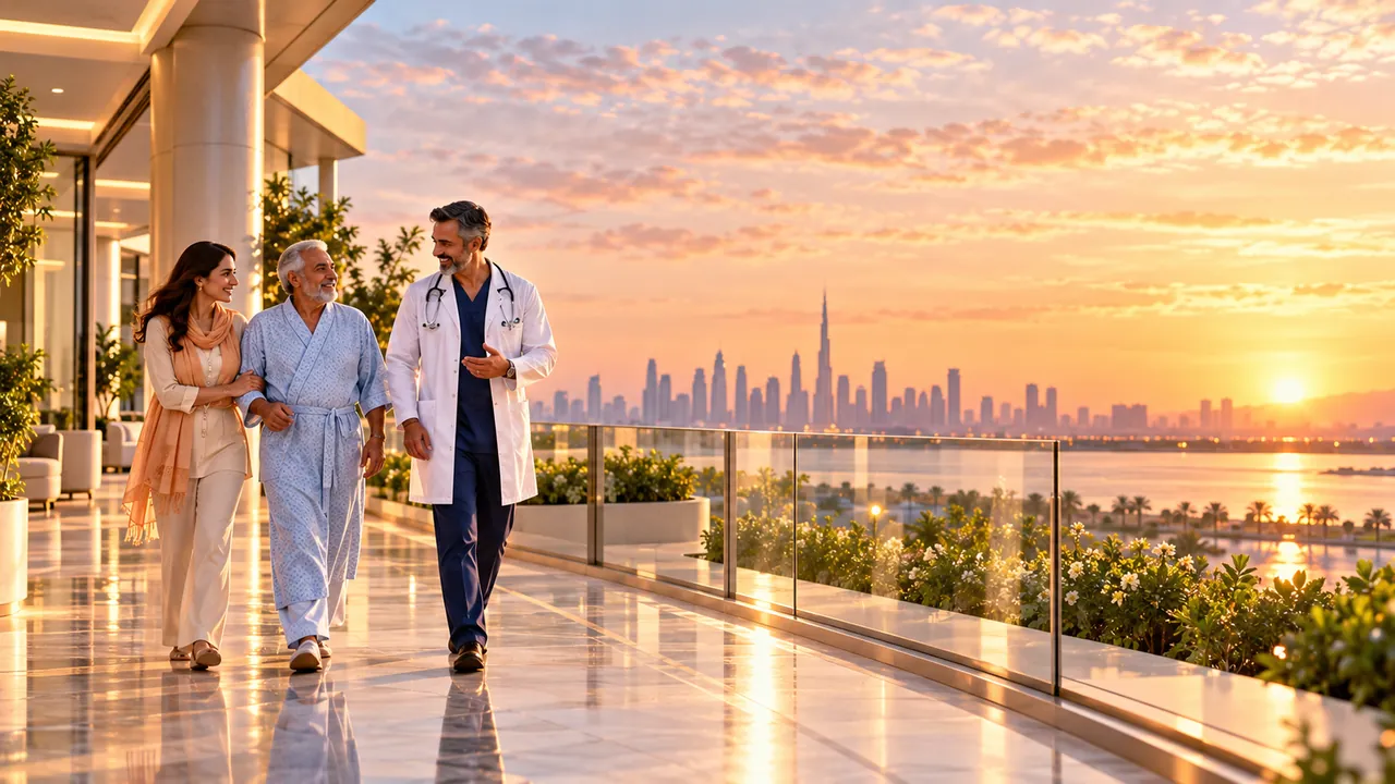 Patient walking with a doctor and family member during post-treatment rehabilitation support.