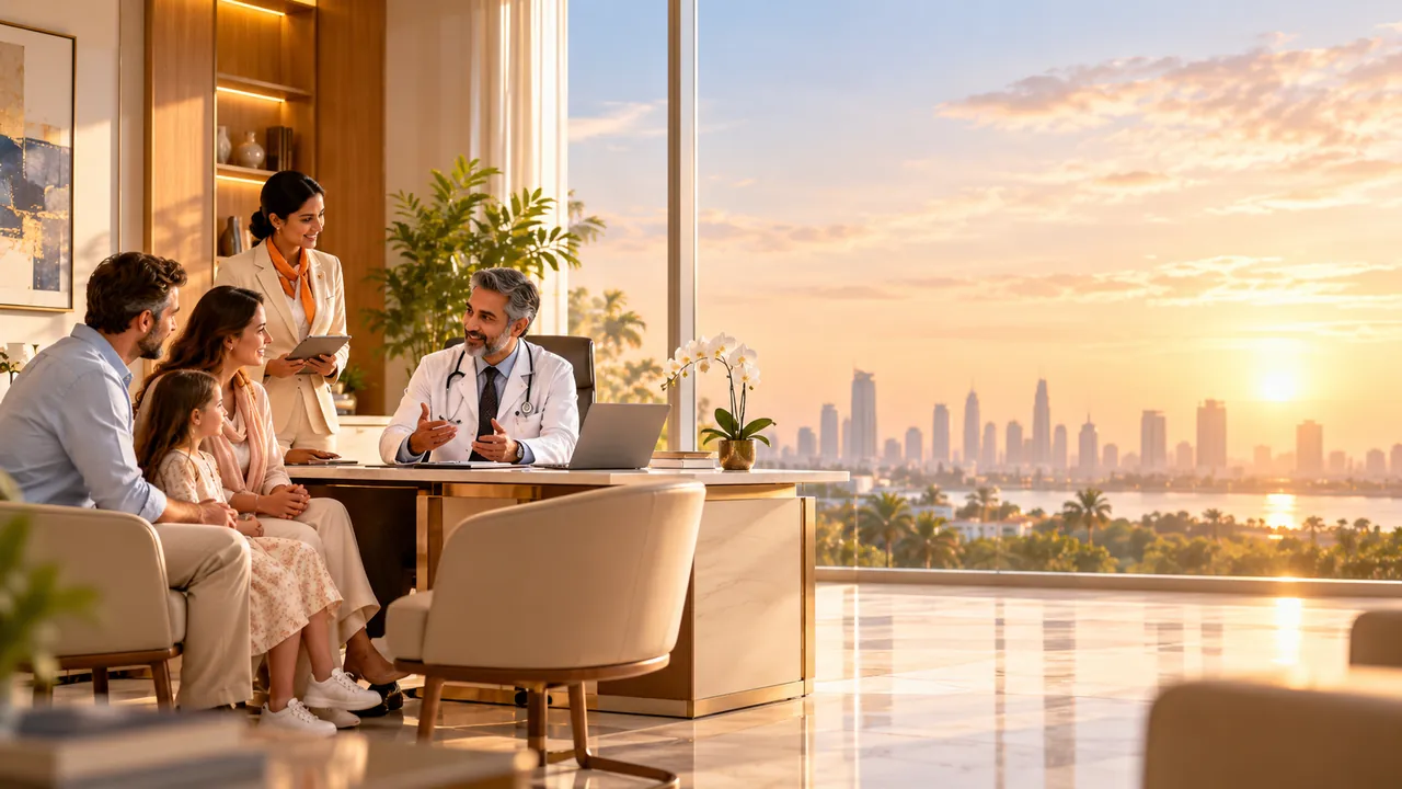 Specialist doctor consulting with an international patient family in a modern hospital office.